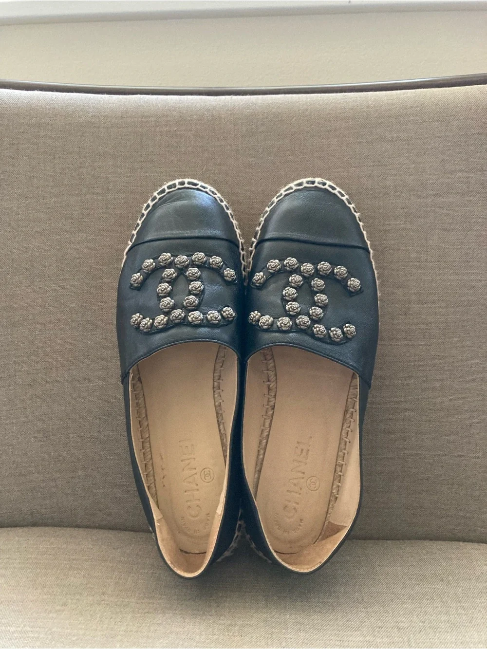 CHANEL Black Leather Espadrille Flats with Crystal CC Motif